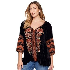 Johnny Was Elim Velvet Silk Boho Peasant Blouse Floral Embroidered Size 2XL